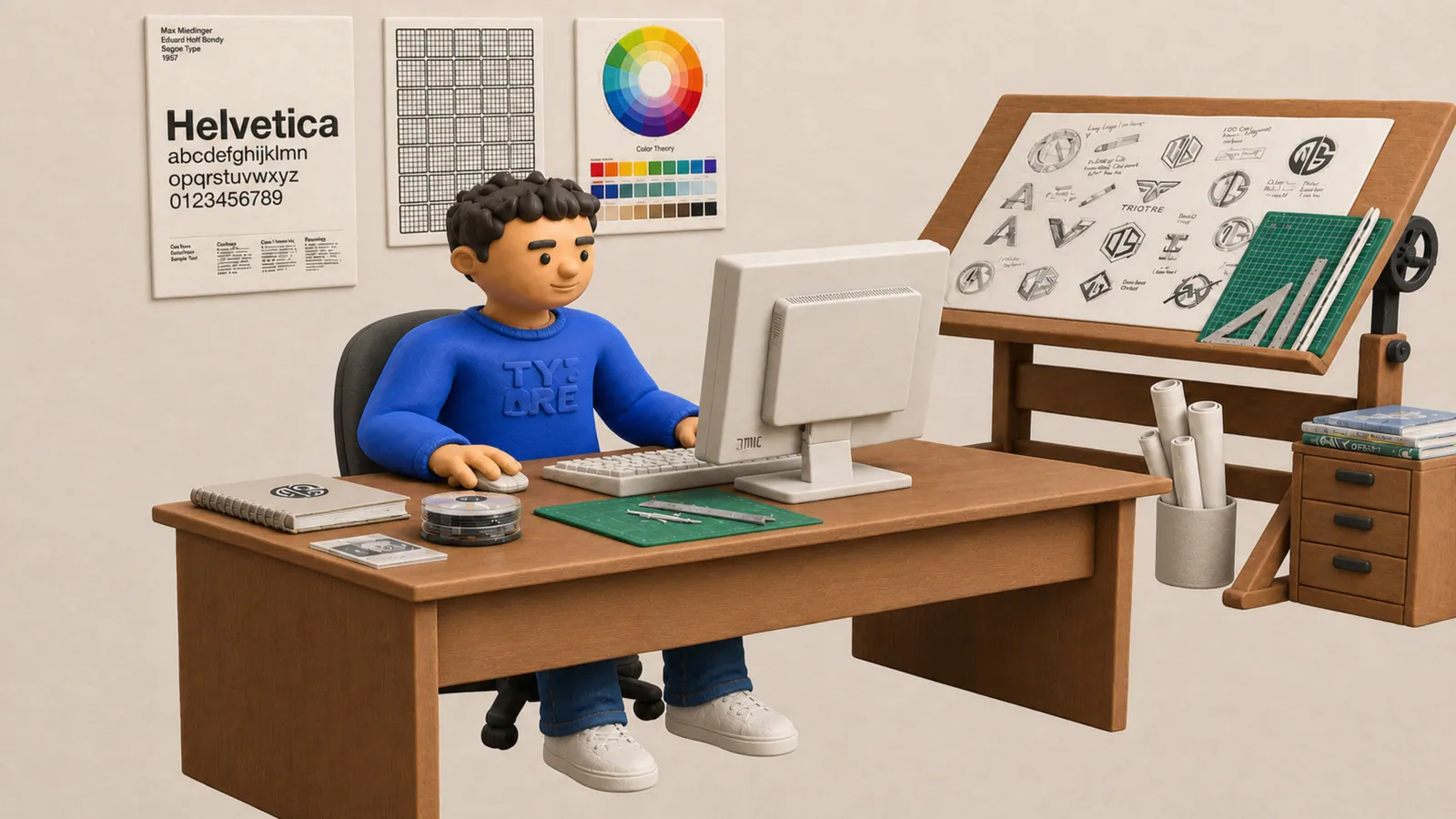 Illustrated 3D Felipe working at a wooden desk with an old computer, next to a drafting table with logo sketches and Helvetica, grid and color-wheel posters on the wall