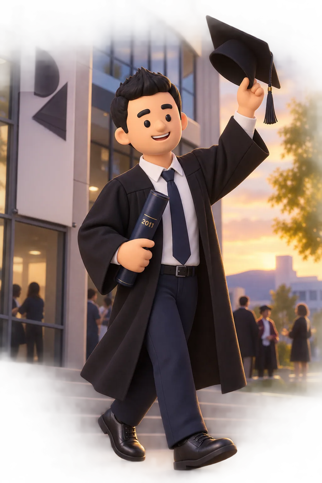 Illustrated 3D Felipe in a graduation gown, walking down steps outside a university building at sunset, holding his cap high and carrying a diploma tube marked 2011