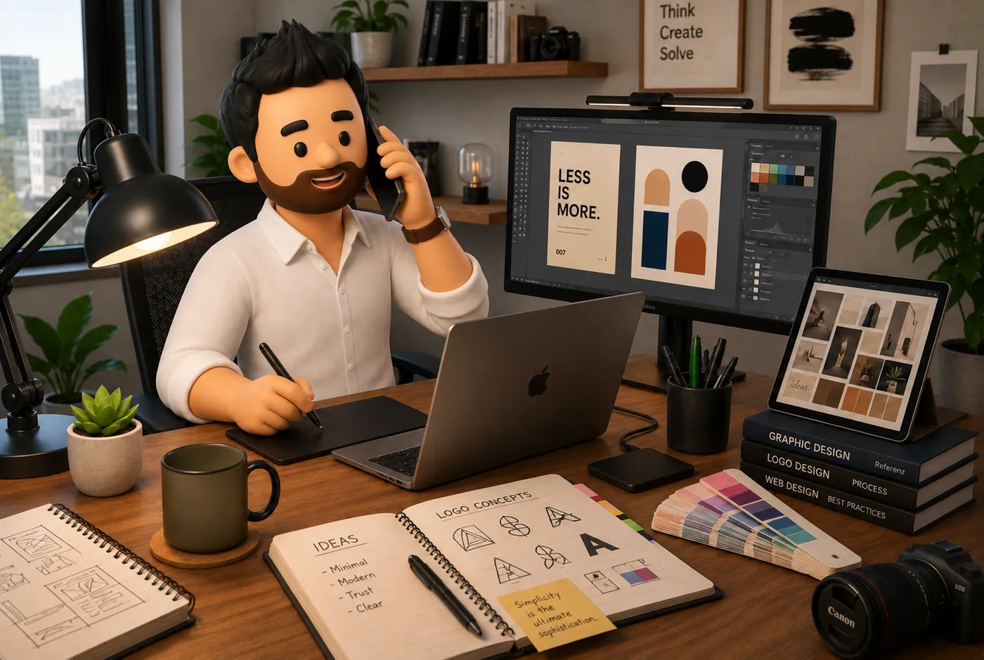 Illustrated 3D Felipe at a desk on a phone call while sketching on a tablet, with a laptop, a monitor showing a poster design, sketchbooks and color swatches