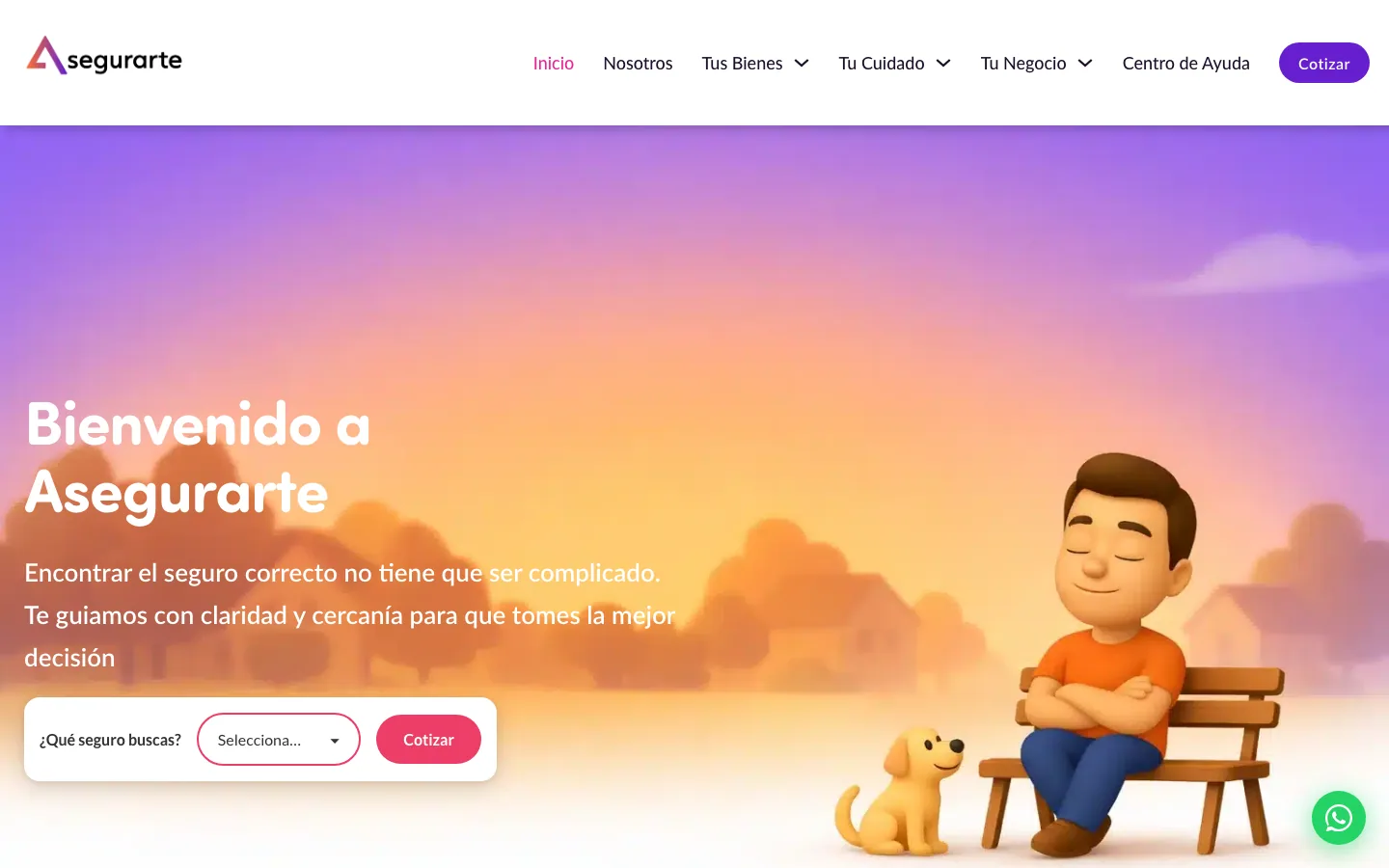 Asegurarte home page: an illustrated man rests on a bench with his dog, next to a selector to request an insurance quote.