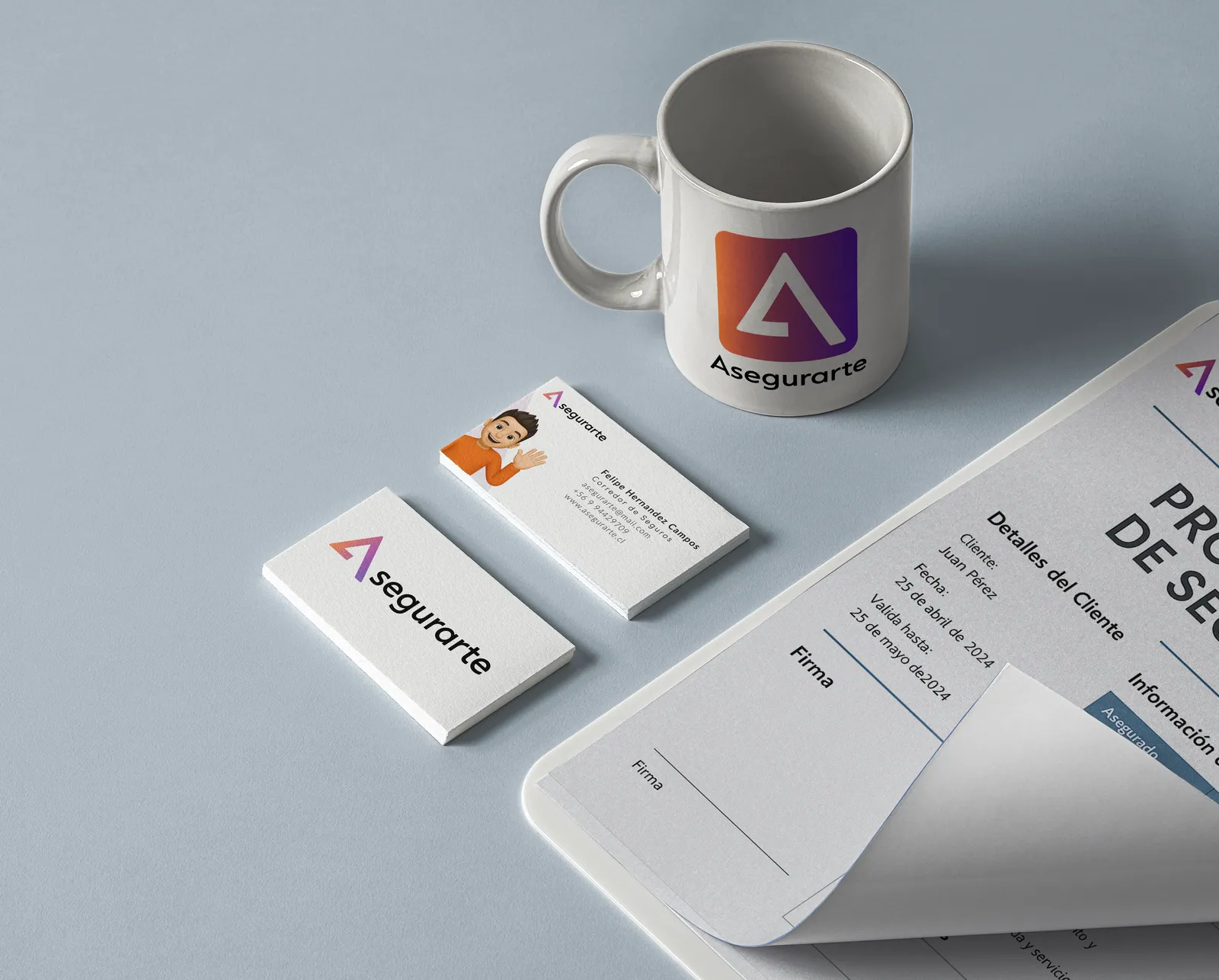 Asegurarte stationery: letterhead, business cards and envelope with the A mark.