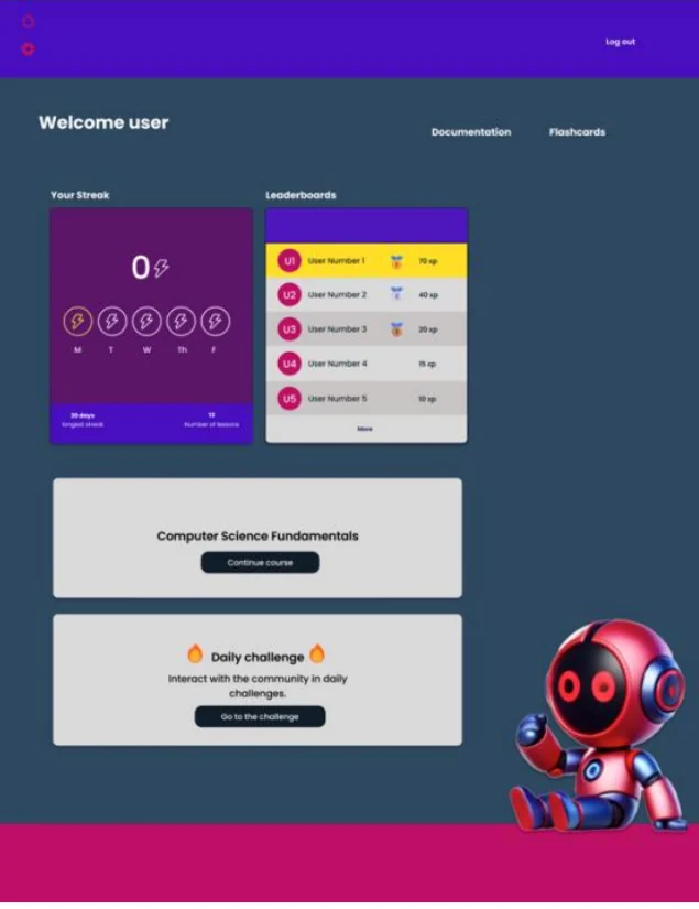 Home screen with streaks, a leaderboard and a daily challenge, and the robot mascot.