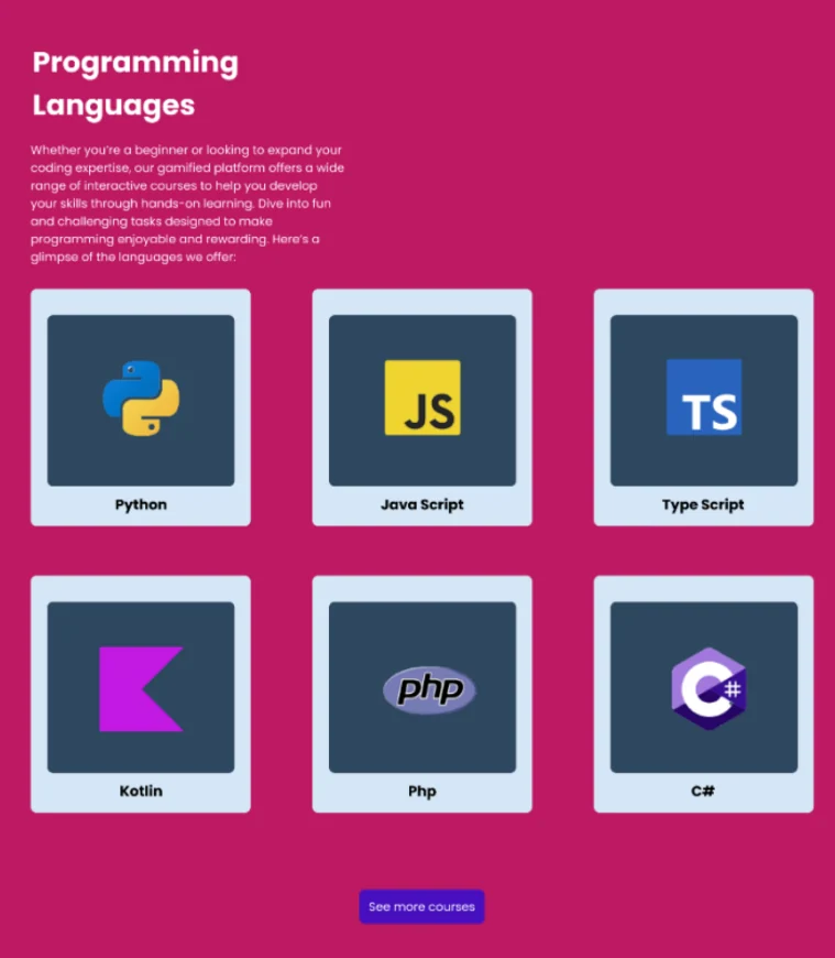 Programming languages: Python, JavaScript, TypeScript, Kotlin, PHP and C#.