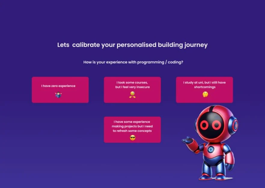Level calibration: three answer options about previous programming experience, next to a robot mascot.