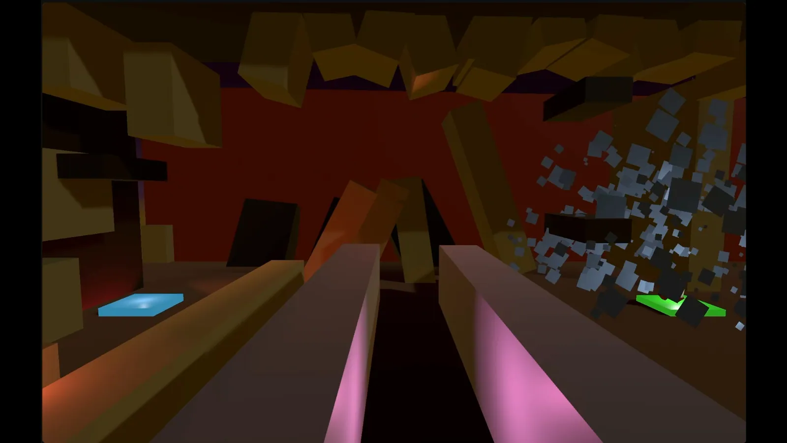 A small ship flies through a dark, blocky cave towards a glowing landing pad.