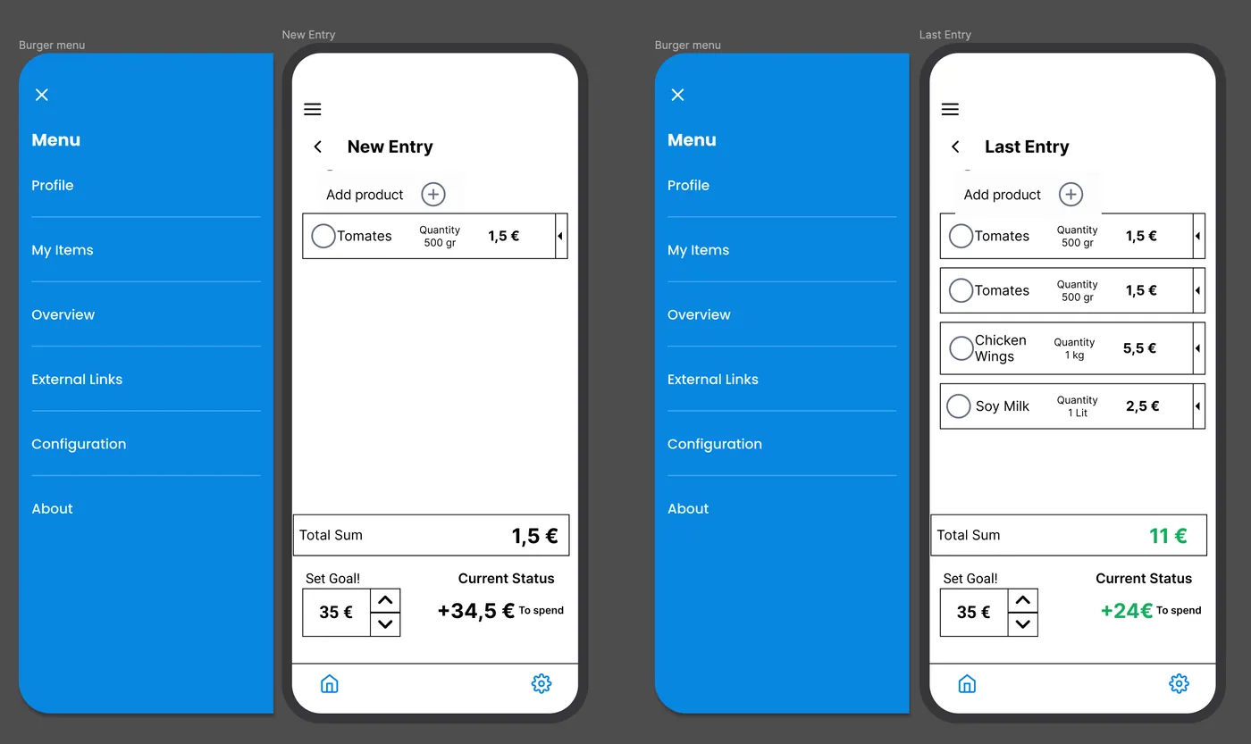 Screens for adding products to a new shopping entry, with quantity and price.