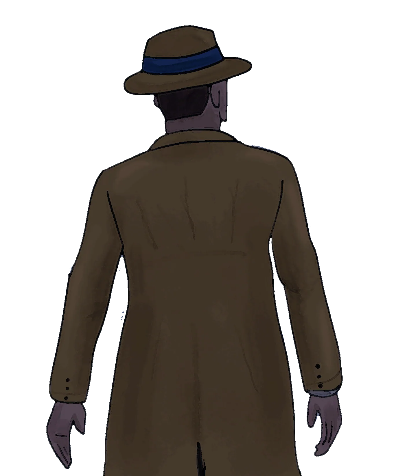 The detective seen from behind, in a brown trench coat and hat.