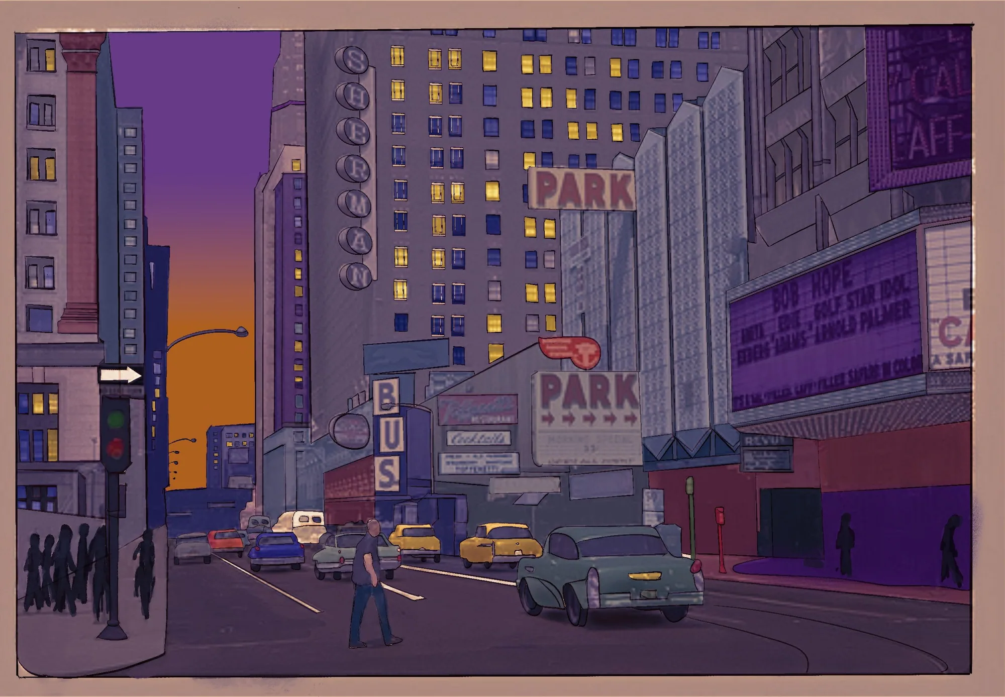 Illustration of a Chicago street at dusk: neon signs, old cars and a policeman at the corner.