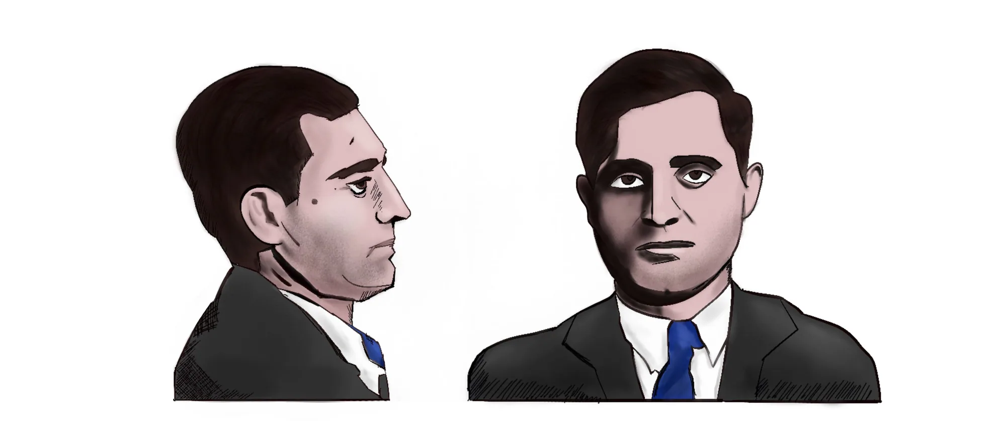 Two portrait studies of the antagonist, Paul “The Waiter” Ricca, in profile and from the front.