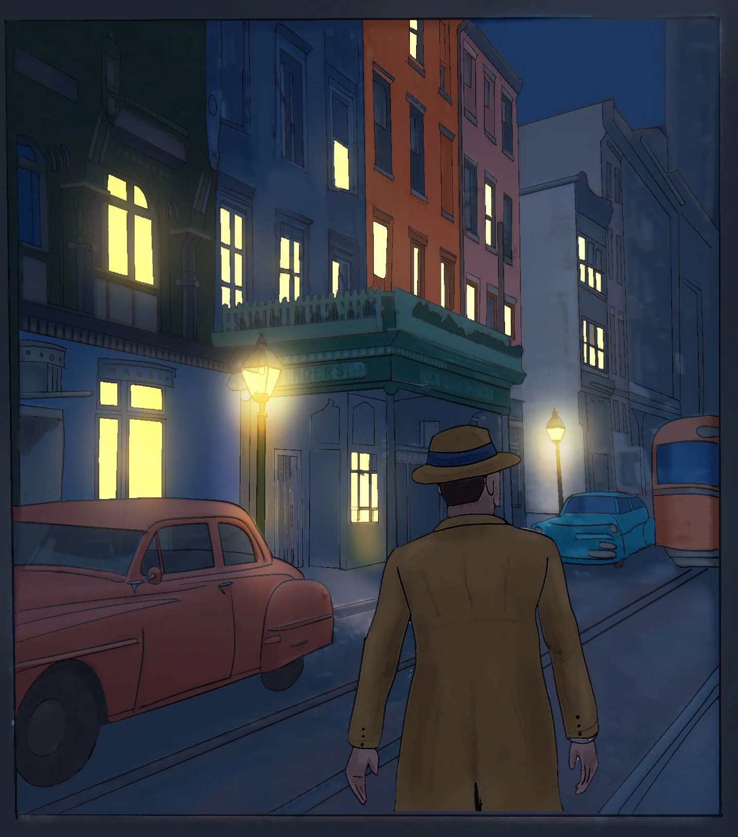 The detective in a trench coat and hat walks down a night street lit by street lamps.