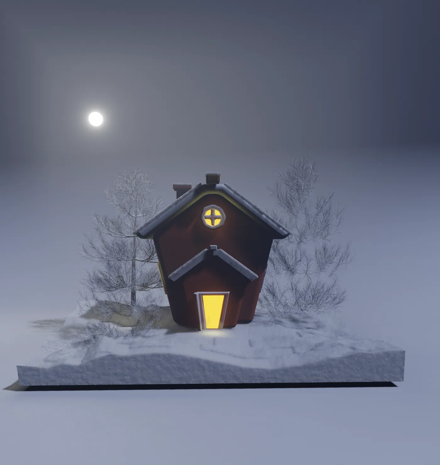 A dark wooden house with warm lit windows on a snowy island, under a full moon.