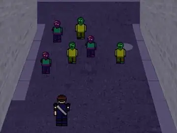 Animated gameplay: the soldier moves left and right and shoots at the zombies coming down the alley.