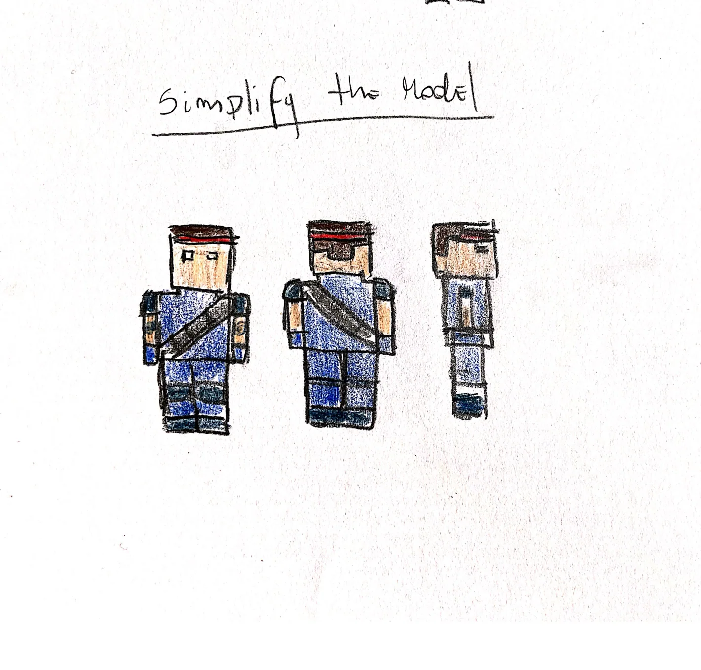 Coloured sketch titled “Simplify the model”: the soldier as a blocky figure from the front, the side and behind.