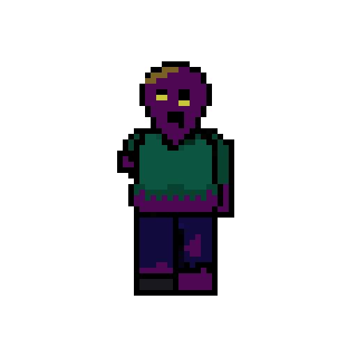 Pixel sprite of a purple zombie in a green shirt.