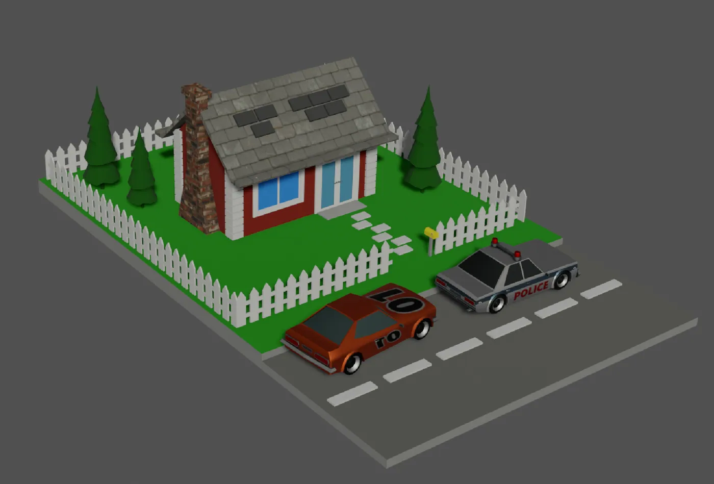 A red brick house with a white fence, trees and two cars.