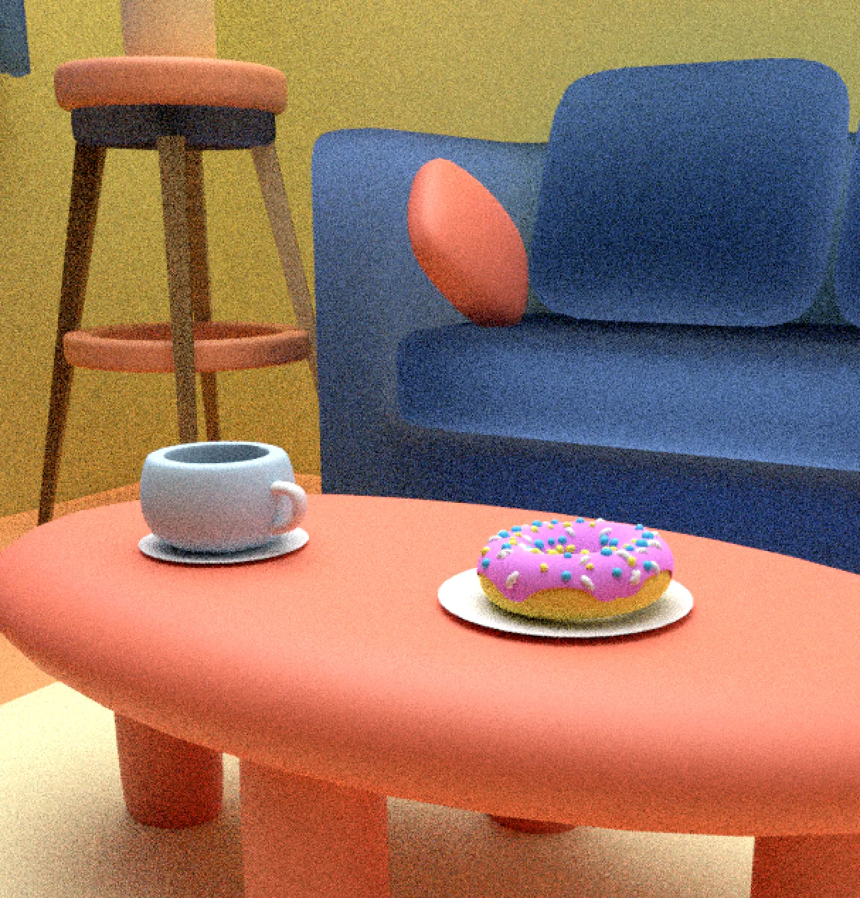 Detail of the coffee cup and the doughnut.