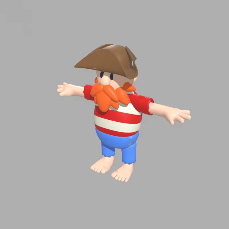 Pirate Barry in 3D: a round cartoon pirate with a red beard, a hat and a striped shirt.