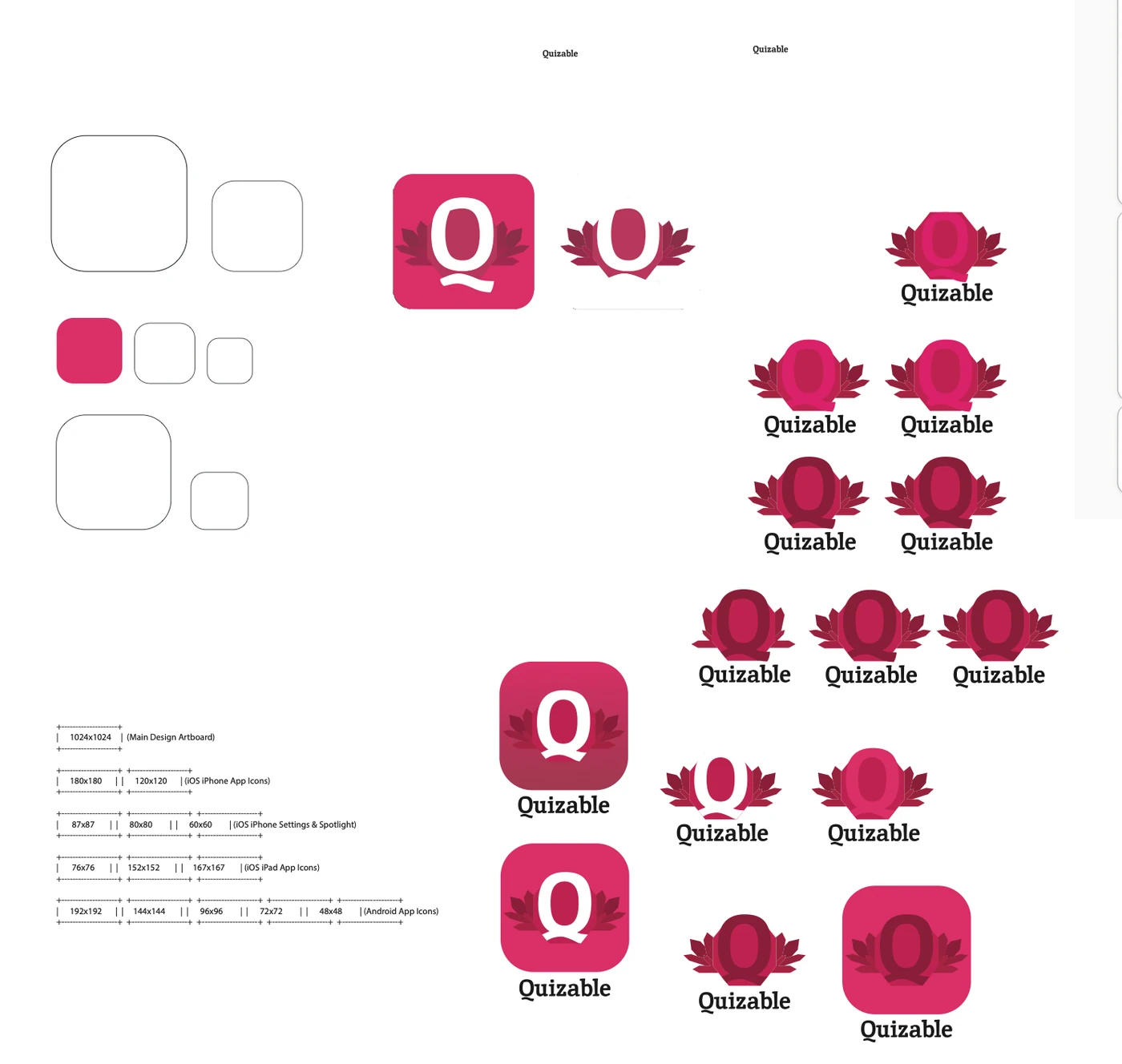 Illustrator artboard with many versions of the Quizable logo: a Q with leaf-like shapes, alone, on a pink rounded square and above the word “Quizable”, next to a list of app icon sizes.