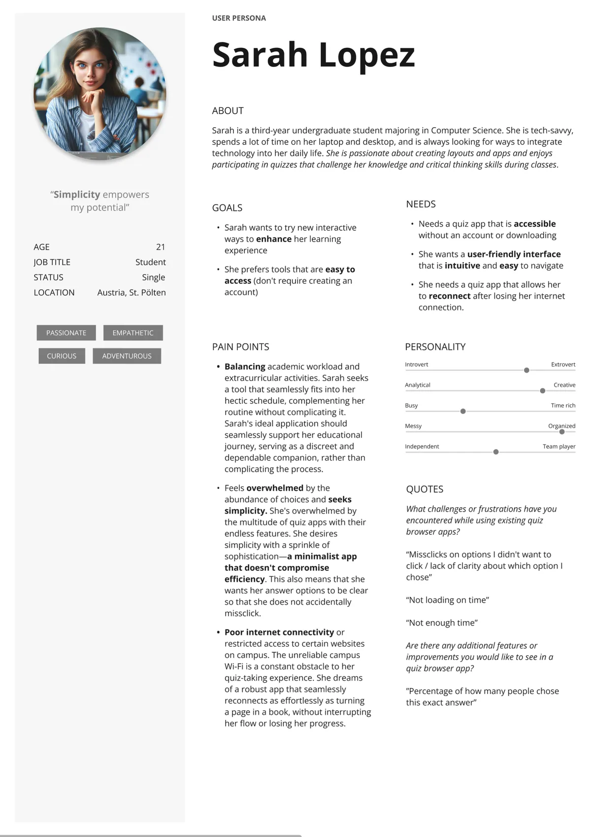 User persona sheet with a photo, goals, pain points and needs.