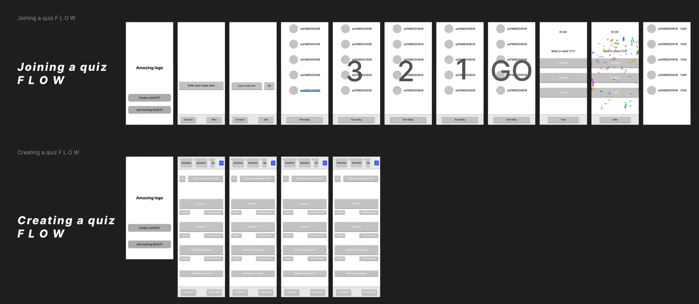 Two user flows in wireframes: joining a quiz with a countdown, and creating a quiz step by step.