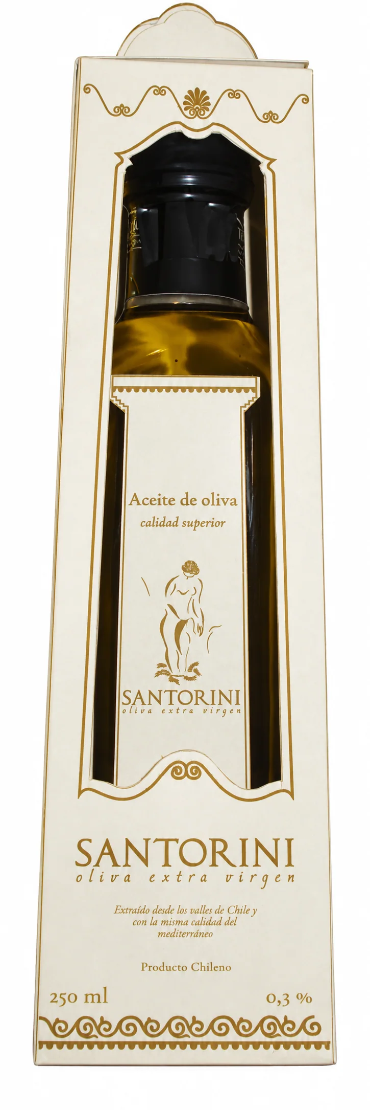 Front view of the white Santorini box with gold ornaments; through its window you see the bottle with the Venus label.