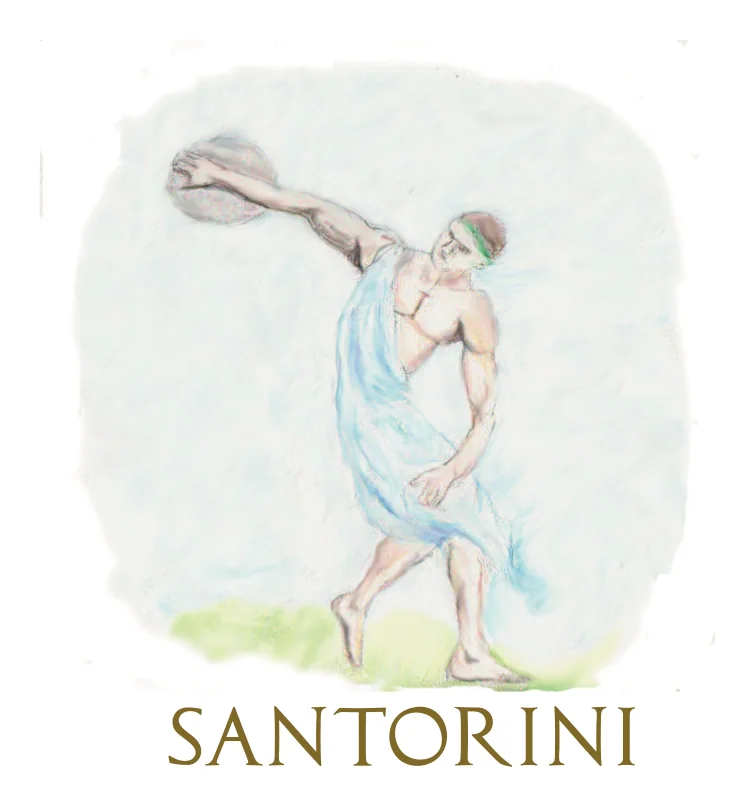 Watercolour of the Discobolus in a light blue cloth, with the name SANTORINI below.