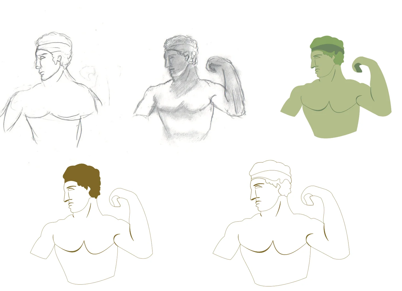 Pencil and line sketches of a Greek athlete flexing his arm; one version is filled in olive green.