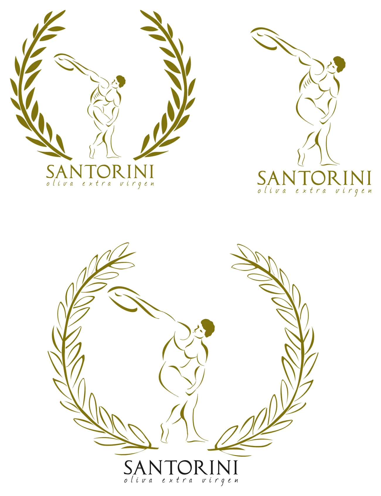 Three logo studies with the Discobolus drawn in gold lines, two of them inside an olive wreath.