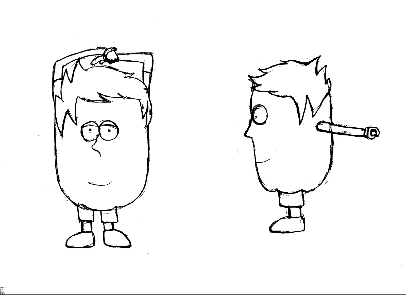 Pencil sketch of two characters, front and side.