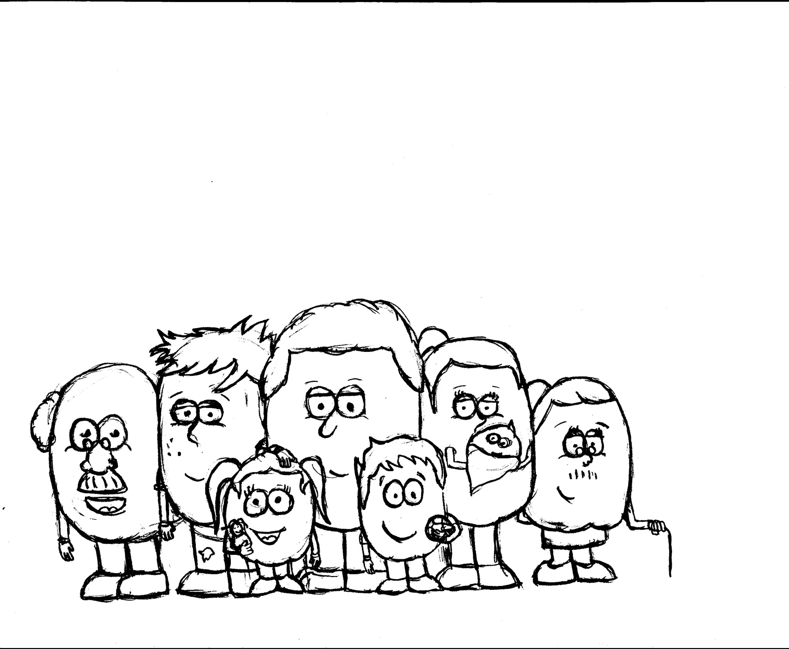 Pencil sketch: the Zapata family, eight pumpkin characters side by side.